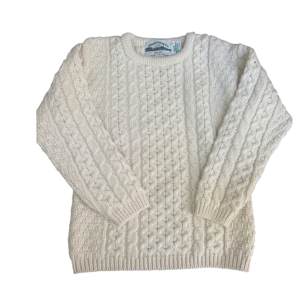 Aran Crafts Irish Cable Knit Sweater Youth 8-11yrs Cream 100% Wool Made Ireland